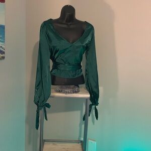 ☘️ Women's Elegant V Neck Self Tie Knot Long Sleeve Satin Blouse Shirt Top NWT